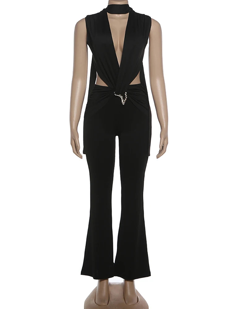 Kliou Sexy Fashion Jumpsuits Woman Deep V-Neck Sleeveless Metal Buckle Ruched Cross Bandage Midnight Prom Party Elegant Overalls