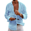 Camisa masculina de lapela simples, algodão, linho, respirável, manga comprida, fina, cor sólida, camisa casual