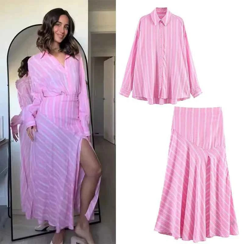 Women's Fashion Skirt Set 2 Piece Set Pink Oversize Long Sleeve Striped Shirt & Zipper Splicing Pleated Midi Skirt Female Outfit