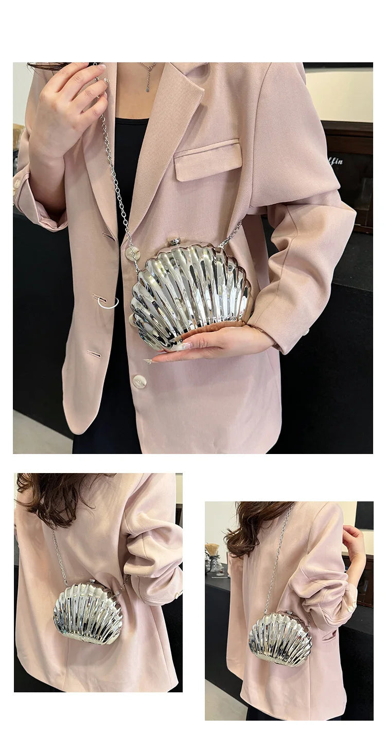 Evening Bags Shell Shape Women Clutch Bags 2024 New Wedding Bridal Handbag Pearl Beaded Fashion Shell Chain Party Bags