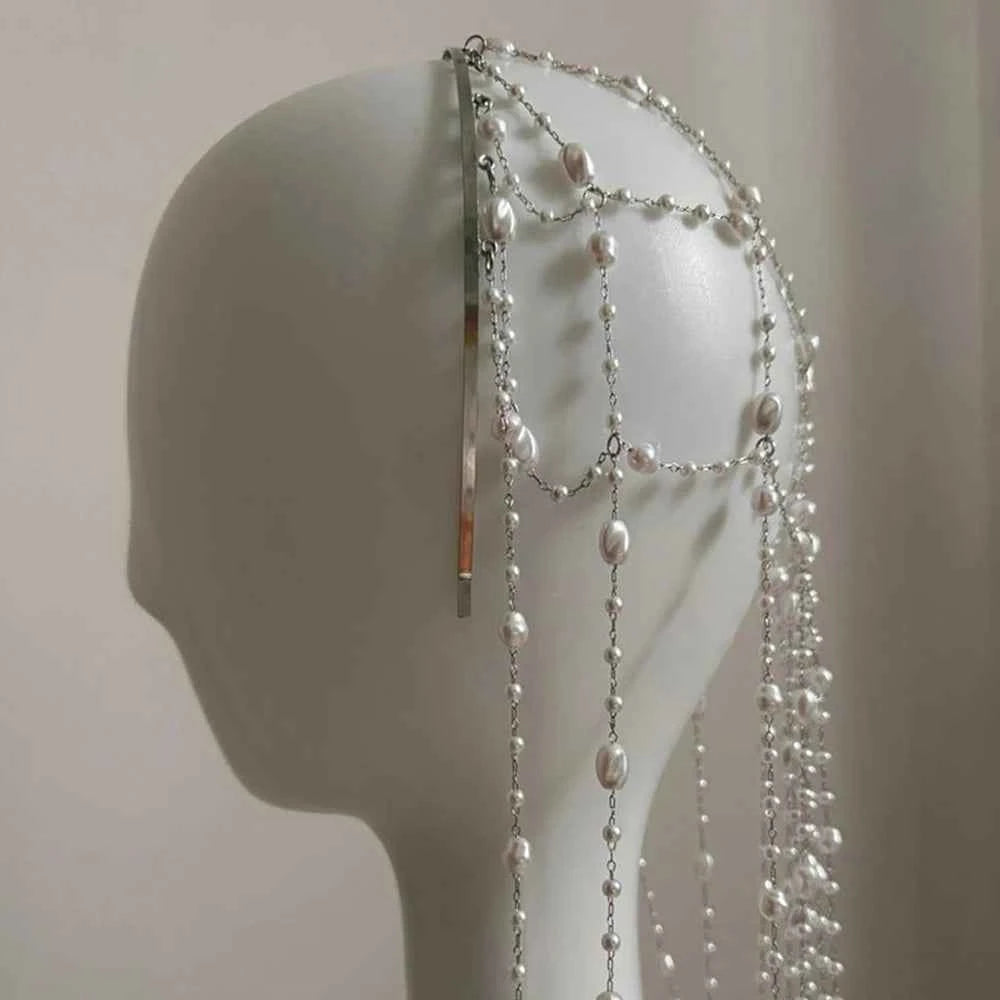 Princess Imitation Pearl Mesh Headpiece Wedding Wig Accessories Elegant Round Rhinestone Tassel Hair Chain Band Prom for Women
