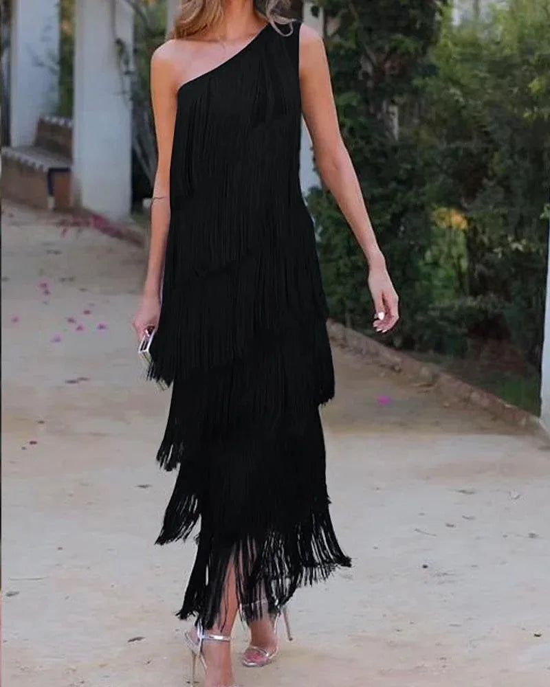 Elegant Asymmetric Slim Evening Dress Fashion Tassel Club Party Dress 2024 Lady Sexy Diagonal Collar Sleeveless Tank Long Dress