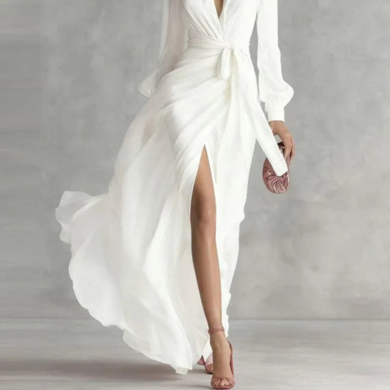 Elegant Deep V Neck Hollow Party Dresses Woman New Spring Wrap Tie Waist High Slit Long Dress Femme Solid Long Sleeve Maxi Dress