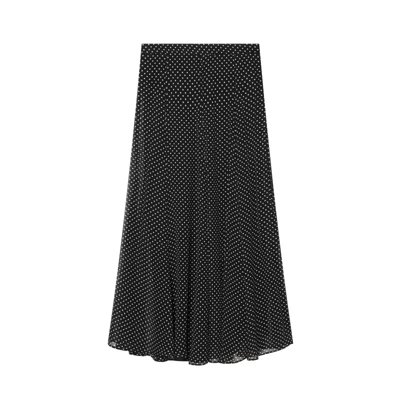 ETJ Women's Polka Dot Blouse Skirt Set 2026 Spring High Neck Batwing Sleeve Sheer Front Tie Bow Midi A-Line Dress Set