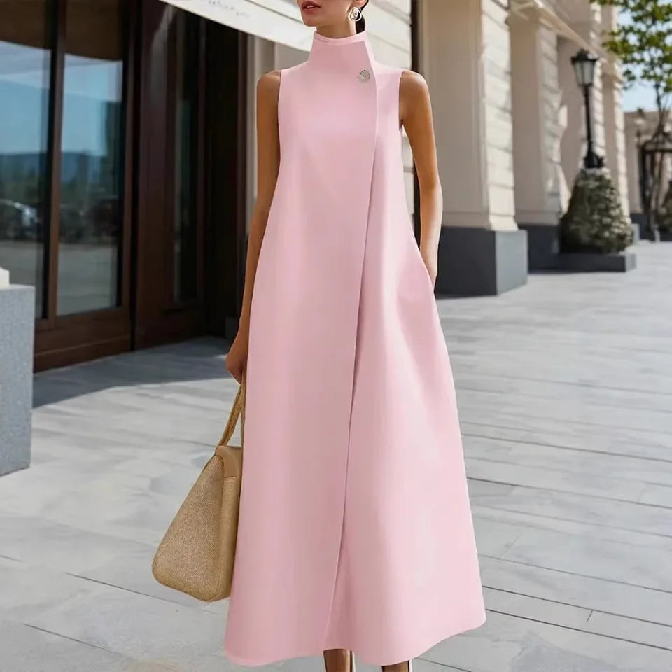 2026  Europe & America Cross-Border New Elegant Commuter Stand Collar Single Button Solid Color Sleeveless Vest Dress