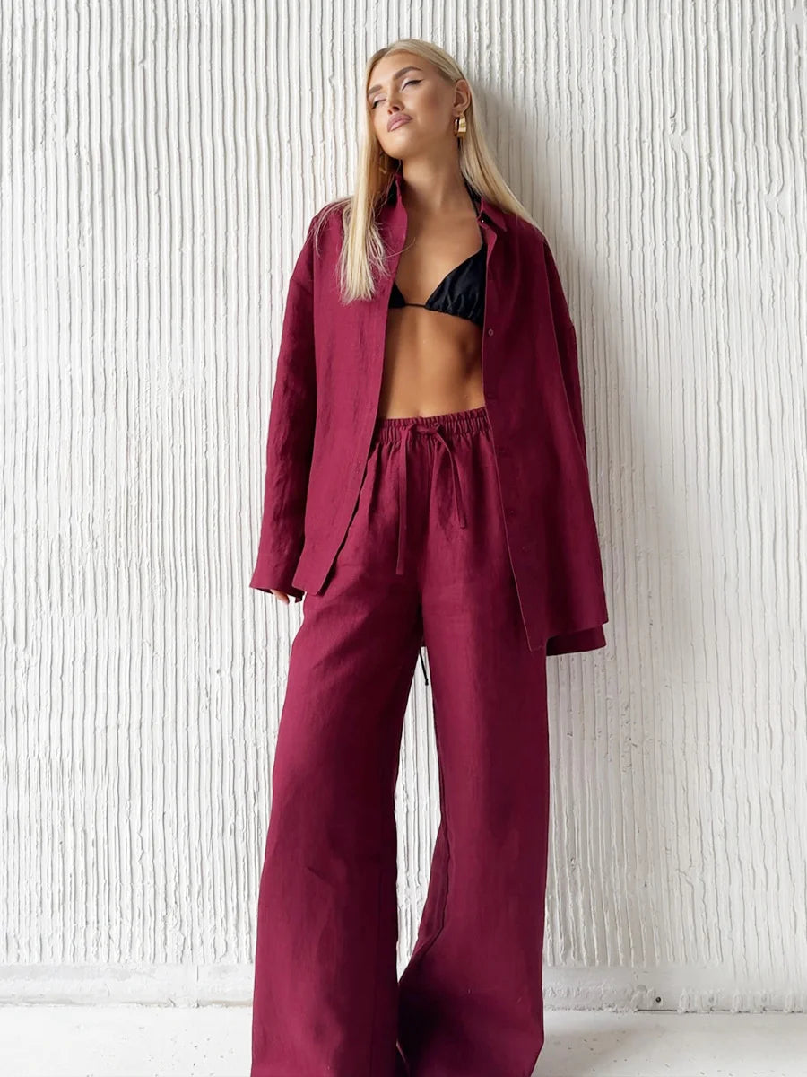Women Casual Cozy Lapel Pink Shirt Pants Suits Fashion Single Breasted Blouses Elastic Waist Pant Set 2025 Spring Loose Outfits