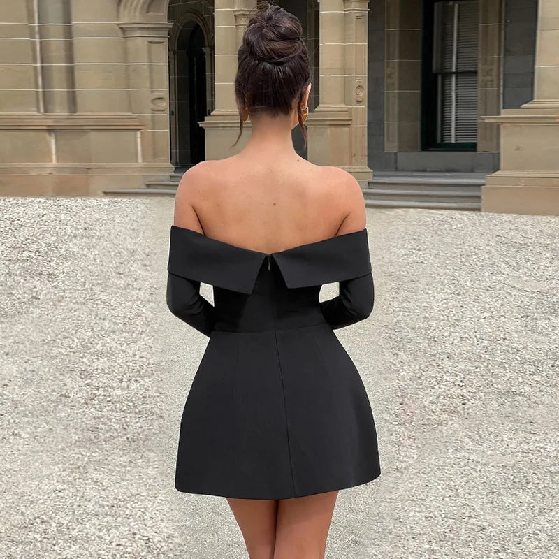 BKQU Elegant Solid Backless Mini Dress Women High Waist Fashion Long Sleeve Slim A-line Dresses 2024 Autumn Party Evening Dress