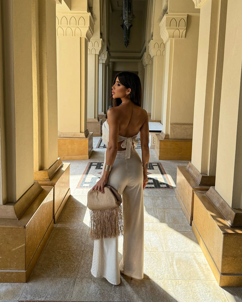 2025 New Sexy Tassel Two Piece Set With Pants Wide-Leg Pants Summer Women White Tube Top with Pants Suit Female