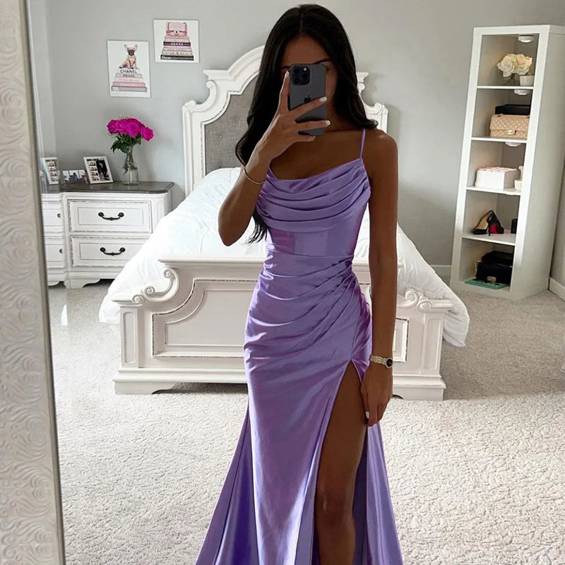 Women's Spring New Bra Shrink Pleated Split Satin Dress Sexy Slim Fit Wrap Hip Dress