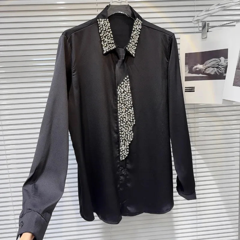 Blusa elegante e chique com losangos emendados lapela, manga comprida, design temperamental, camisa sensual