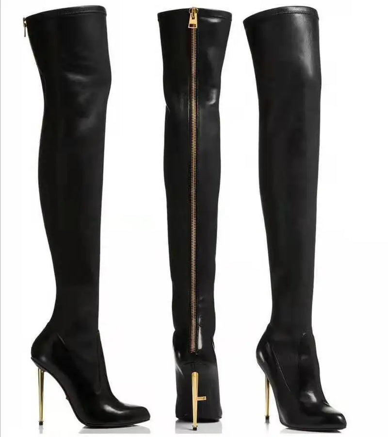 Botas femininas pretas da moda, cor sólida, salto alto fino, zíper traseiro de metal, botas acima do joelho