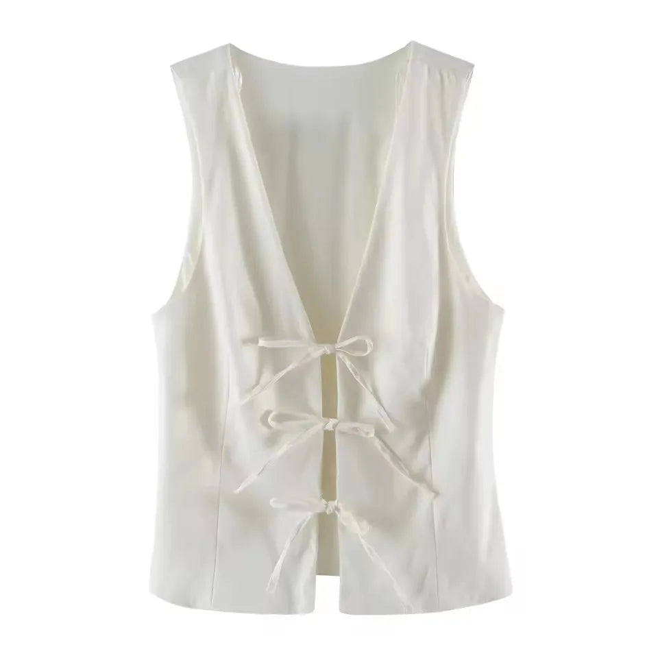 HH Women Elegant Lace Up V-Neck Waistcoat Sleeveless Tie Front Slim Vest Casual Office Wear Retro Y2K Street Fashion Chic Top