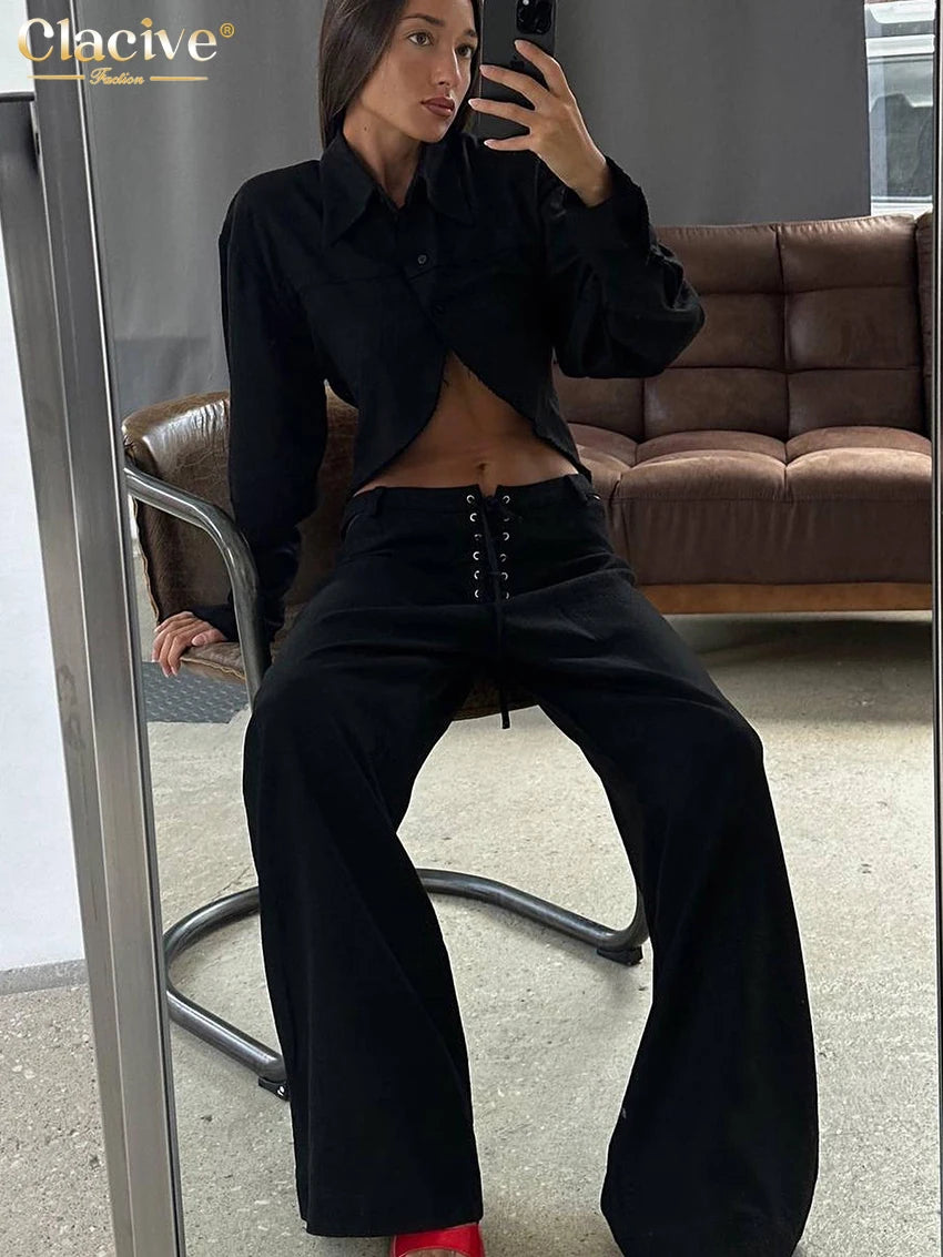 Conjunto de Duas Peças Elegantes Camisa de Manga Longa com Cintura Média Calças Largas Conjunto Streetwear