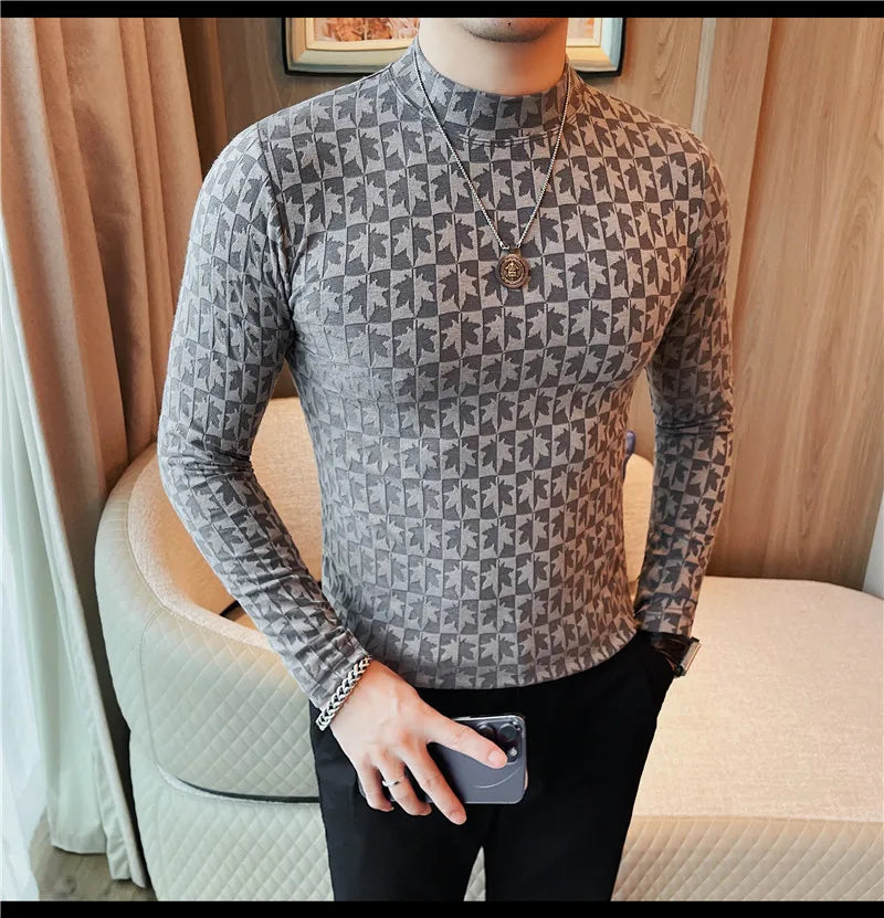 Camiseta elástica estampada de gola alta semi alta para homens, roupas de outono, nova, mangas compridas, jacquard, justa, cor sólida, camiseta slim fit
