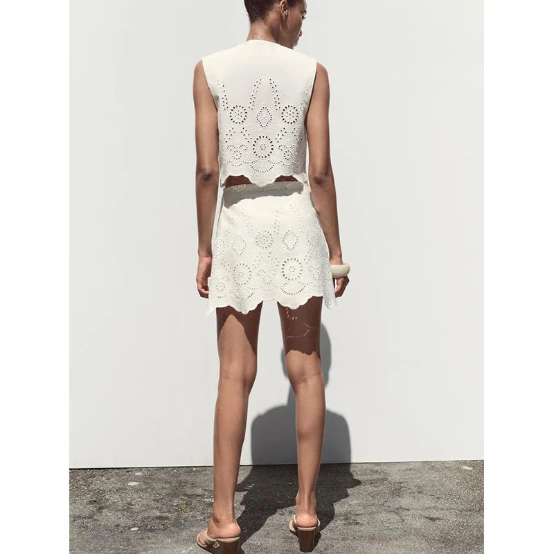 Embroidered Hollow out Vest Top 3356868 High Waist Skirt Pants 3357868 Faionable Two-Piece Set round Ne Button Closure ...