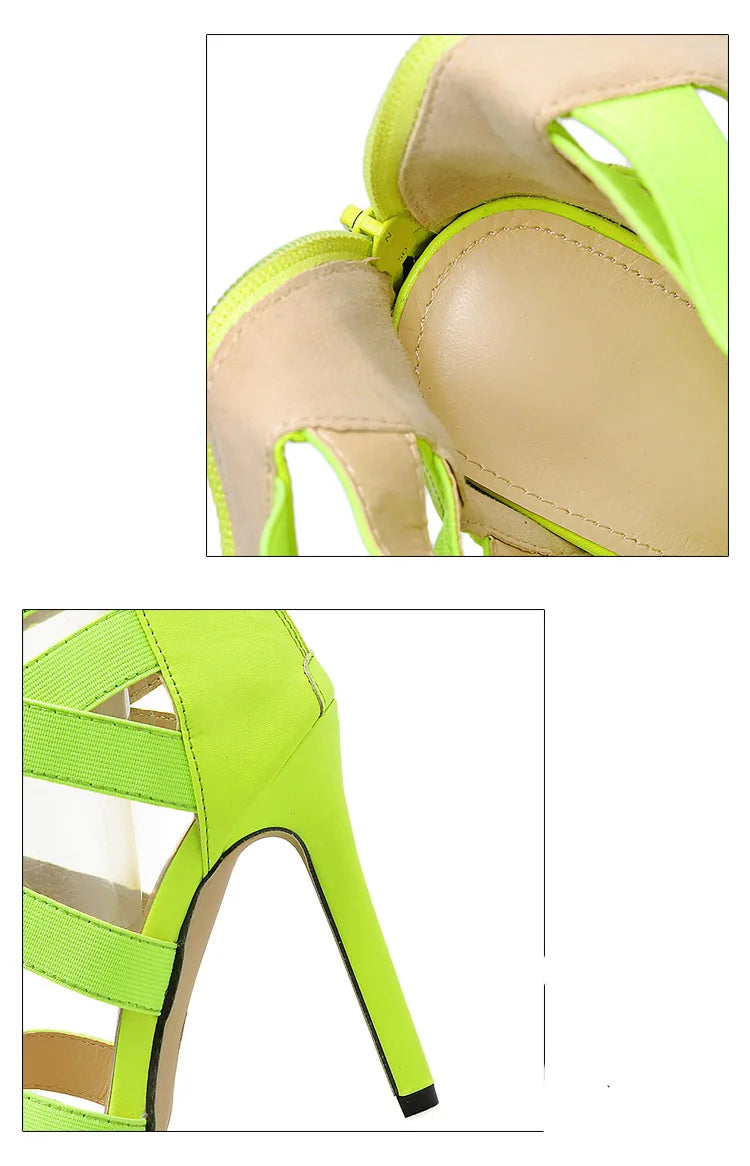 Fluorescent green Stretch Fabric Back Zipper Sandals Women Stiletto Heel Sexy elastic strap roman shoes Sandal Femme Sandale