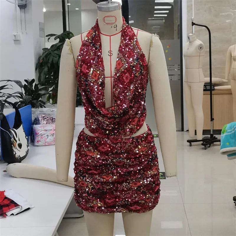 hirigin Chic Sequin Mini Skirt Suit Women Summer Beach Slim Halter Neck Crop Top Skirts Set Lady Holiday Shine Backless Sets
