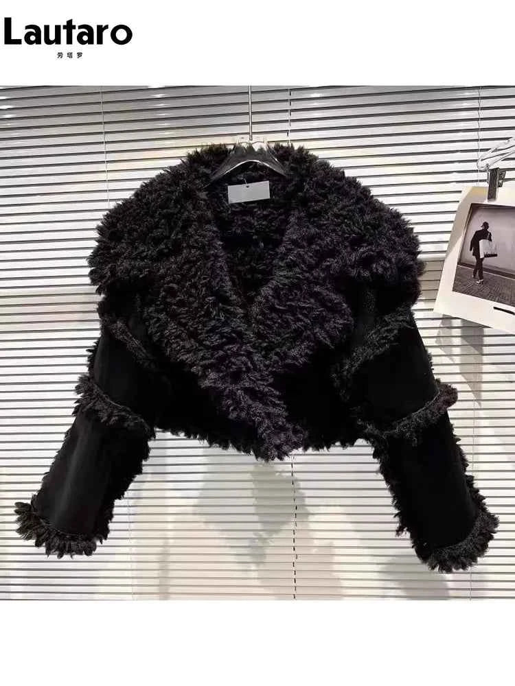 Lautaro Autumn Winter Short Hairy Thick Warm Black Faux Sheepskin Coat Women with Long Sleeve Luxury Designer Fluffy Jacket 2023