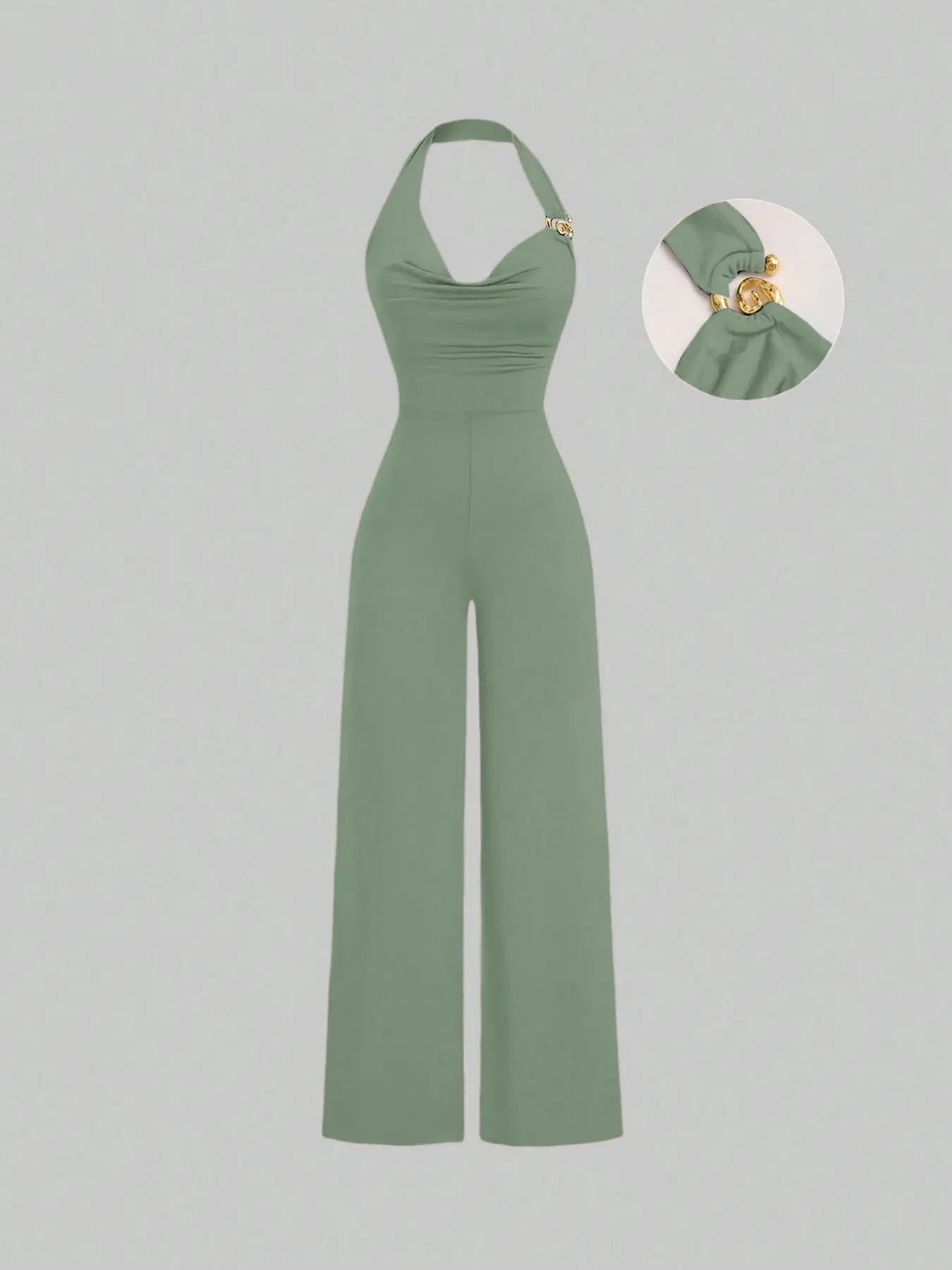 Women's Slim Fit Jumpsuit Backless Halter Casual Daily Commuting Outfit Fashionable Metal Decor