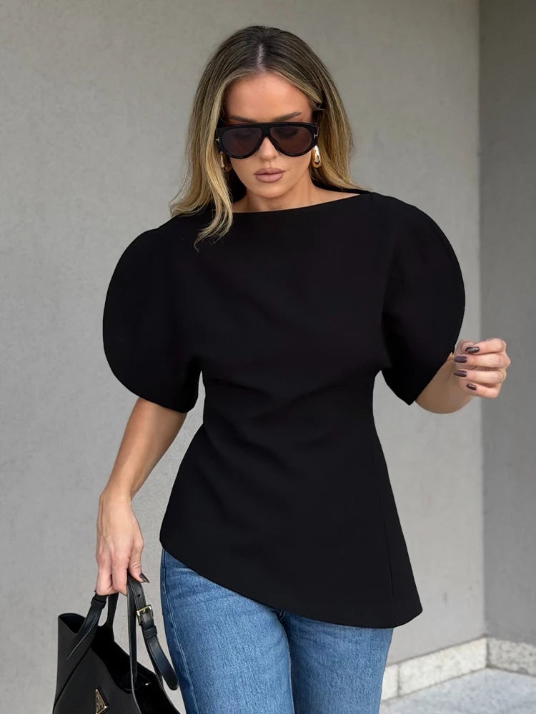 SLTNX Women's Elegant Vintage Short Puff Sleeve O-Neck Asymmetrical Hem Blouse - 2026 Spring Summer Y2K Streetwear Top