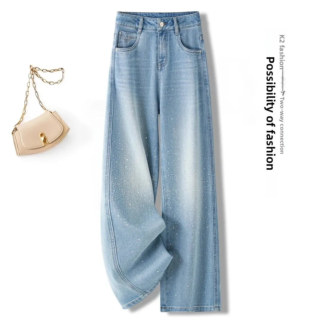 High Waist Wide Leg Denim Jeans Women's Spring 2026 New Style Glittering Star Explosion Nine Point Straight Cut Diamond Embel...