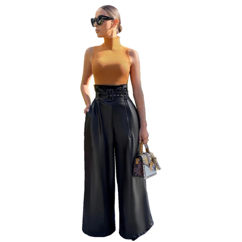 Women's Pants Wholesale Items High Waist Pu Leather Black Wide Leg Pants for Women Casual Fashion Loose Streetwear Trouser Femme - CRAVO ROSE