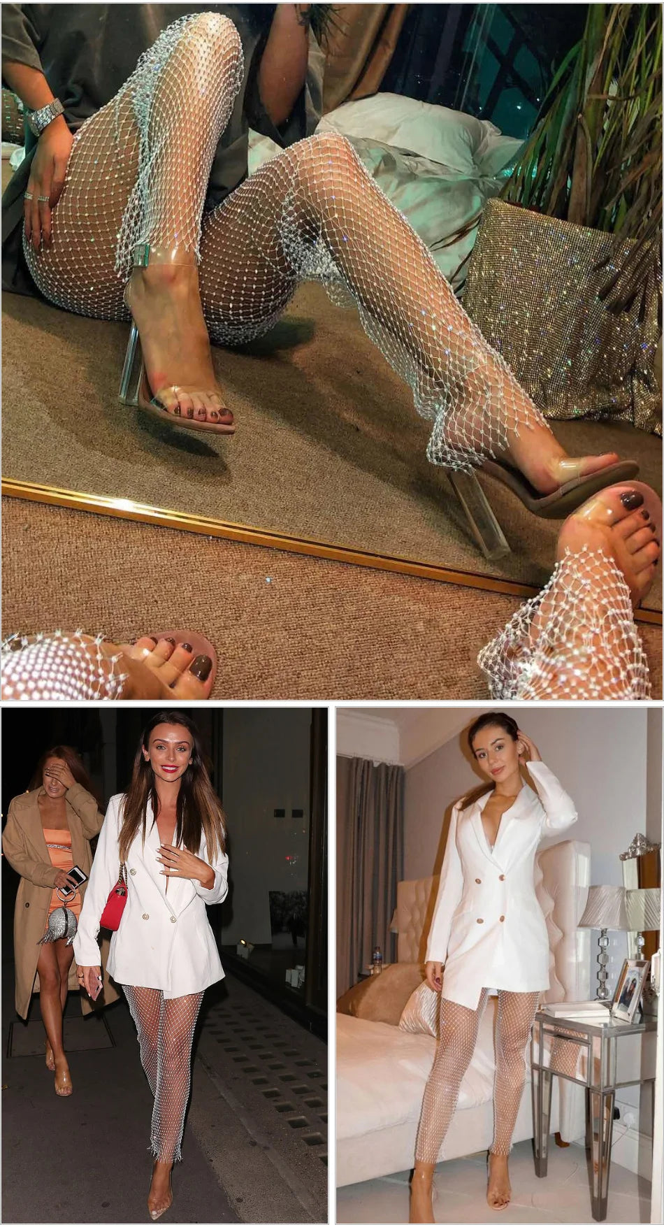 Sparkle Diamante Fishnet Wide Leg Trousers Crystal Mesh Flare Pants High Waisted Rhinestone Split Hem Leggings