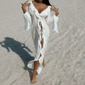 Irregular Ruffles Dress Women's Chic V Neck Long Sleeve Lace Up Beach Dress Summer 2024 Fashion Lady Vacation Cover Up