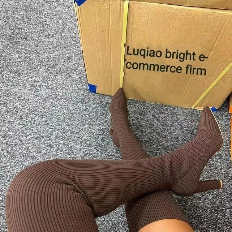 Botas femininas de cano alto, acima do joelho, meias elásticas de alta qualidade, botas para festa, sexy, salto de 9 cm, sapatos