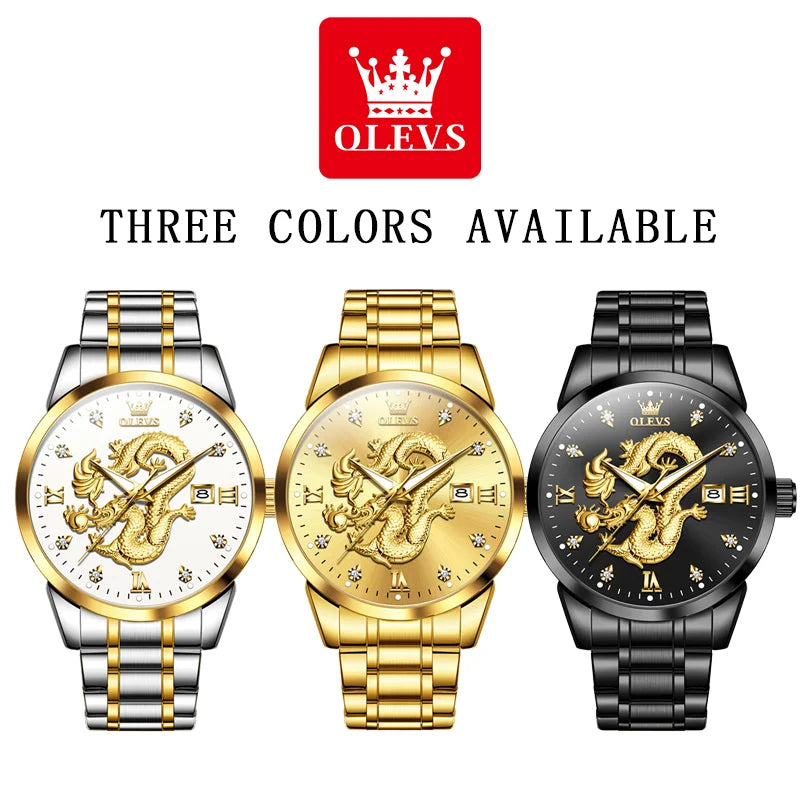 OLEVS Men's Watches Top Brand Fashion Original Quartz Watch for Man China Loong Dragon Dial Waterproof Luminous Date Olevs 3619