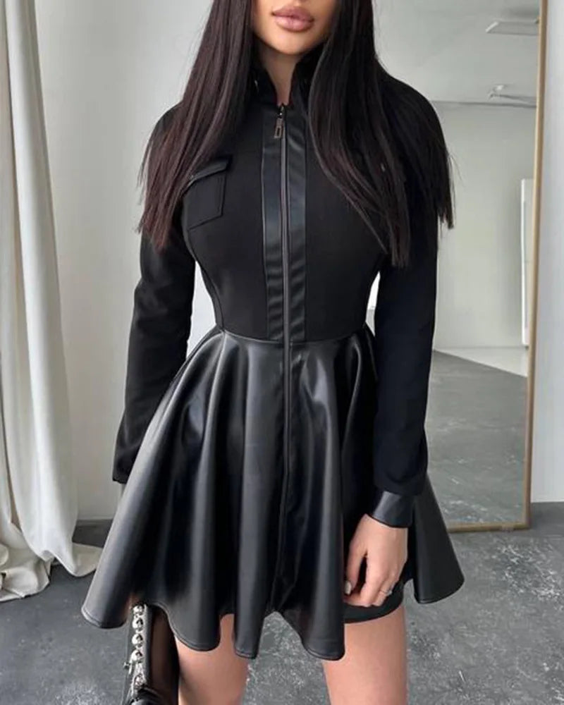 Women Long Sleeve Zipper Pocket Large Hem Faux Leather Mini Dress Women's Clothing Elegant Fashion PU Ruched Party Dress vestido
