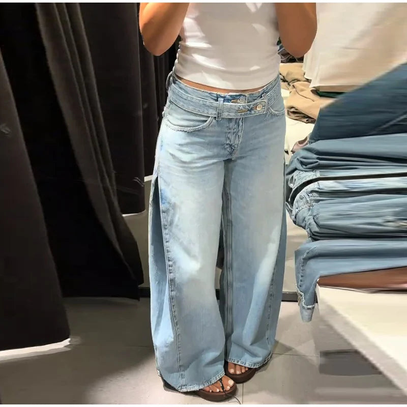 Y2k Hot Fix Rhinestone Cutout Women's Jeans Summer Street Low-rise Wide Leg Loose Denim Pants Lady New Fashion Party Trousers