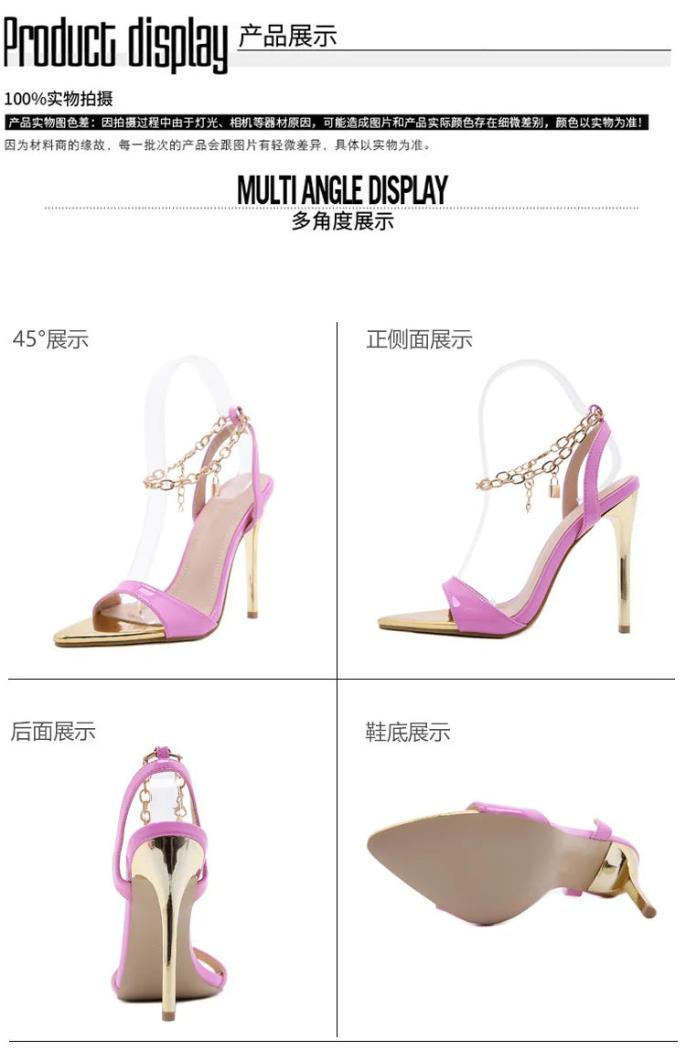 Sandálias femininas da moda com corrente dourada e tira no tornozelo, sexy, peep toe, salto alto de metal, sapatos de casamento, sapatos de festa para mulheres