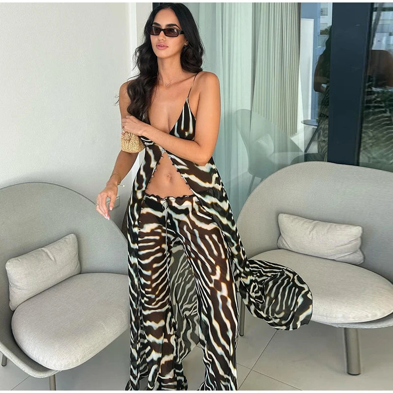 Women's Zebra Print Sheer Chiffon 2 Piece Set V-Neck Slip Tank Top Wide Leg Pants Casual Vacation Chic Outfits