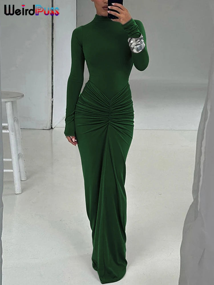 Weird Puss Hipster Ruched Dress Women o-NeckFull Sleeve  Skinny Stretch Robe Autumn Trend Simple Classic Pleats Long Bodycon