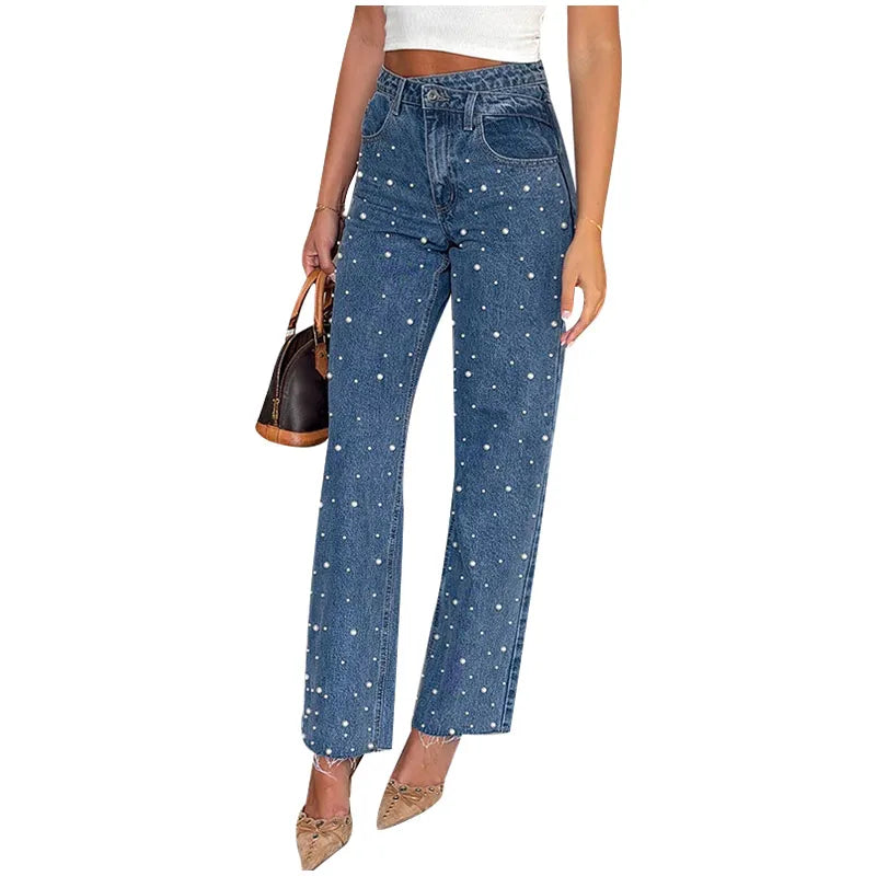 Calça jeans feminina moderna de cintura alta com perna reta e design chique de contas cravejadas, calça feminina casual e moderna de rua