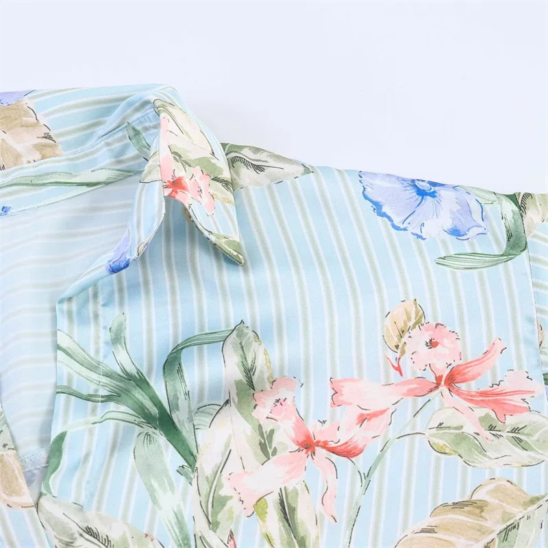 Women's Shirt 2026 Summer New Style Floral Print Long Sleeve Satin Textured Loose Shirt Beach Vacation Relaxed and Lazy