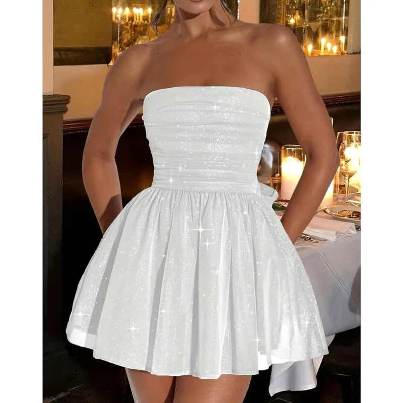 2025 Sexy Elegant Glitter Strapless Dress Fashion Sleeveless Off Shoulder Mid-skirt Breast Wrap Slim Mesh Dress Evening Dresses