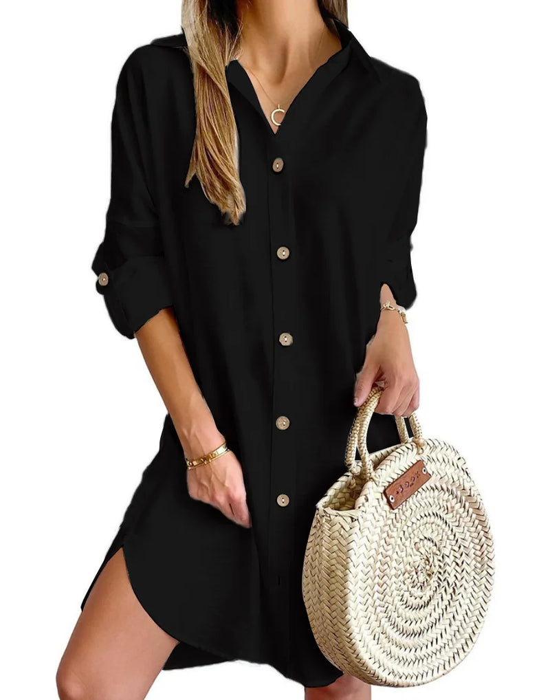 Elegant Women's White Spring And Autumn Casual Long Sleeved Lapel Button Up Shirt Dress 2024 Fashionable Woman Loose Mini Dress