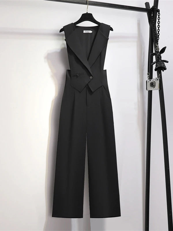 EWQ Elegant Style Chic Jumpsuit Women Solid Color Sleeveless Notched Irregular Patchwork Jumpsuits Winter Spring 2024 New SN5373