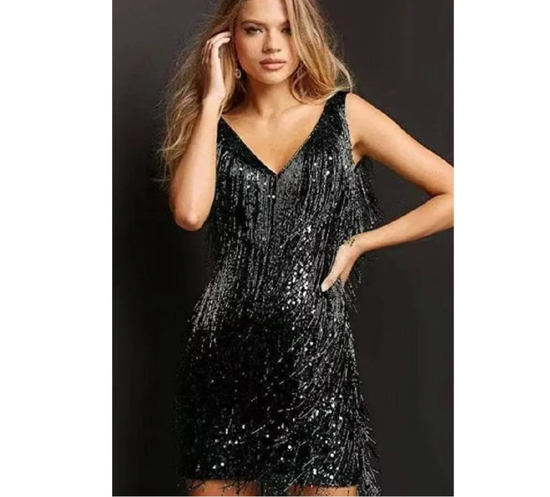 Fashion V-neck Sexy Deep Sleeveless Pencil Dresses Fringed Mid Dress for Women