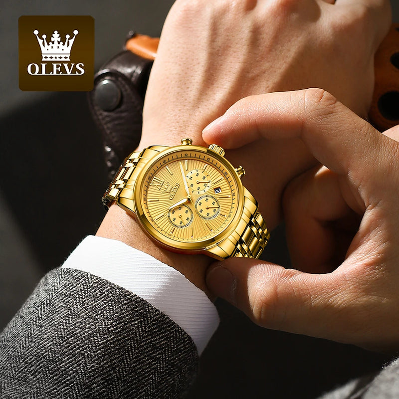 OLEVS Men's Watches Luxury Gold Fashion Wristwatch for Man Stainless Steel Waterproof Luminous Chronograph Date 24 Hour Display