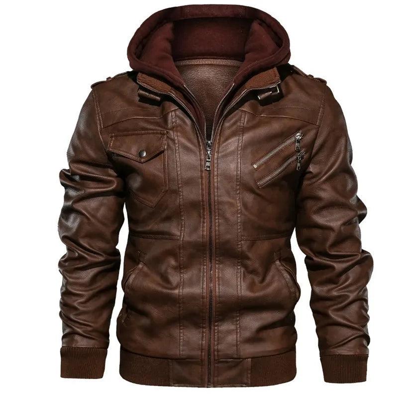 Nova Moda Masculina Street Wear Motocicleta Jaquetas de Couro Chapéu Destacável Homens Jaquetas de Couro Com Capuz Slim Casual Casacos de Couro 5XL - CRAVO ROSE