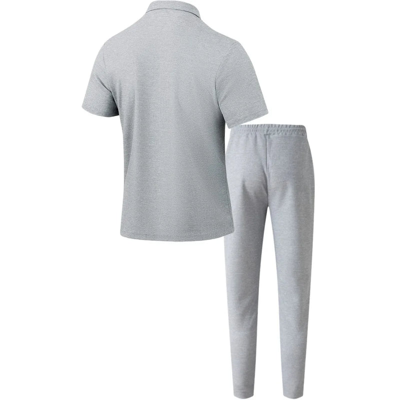 Conjunto de duas peças masculino, camisa casual leve, cor sólida, bolso com botão, tendência waffle, manga curta, calça, verão 2025
