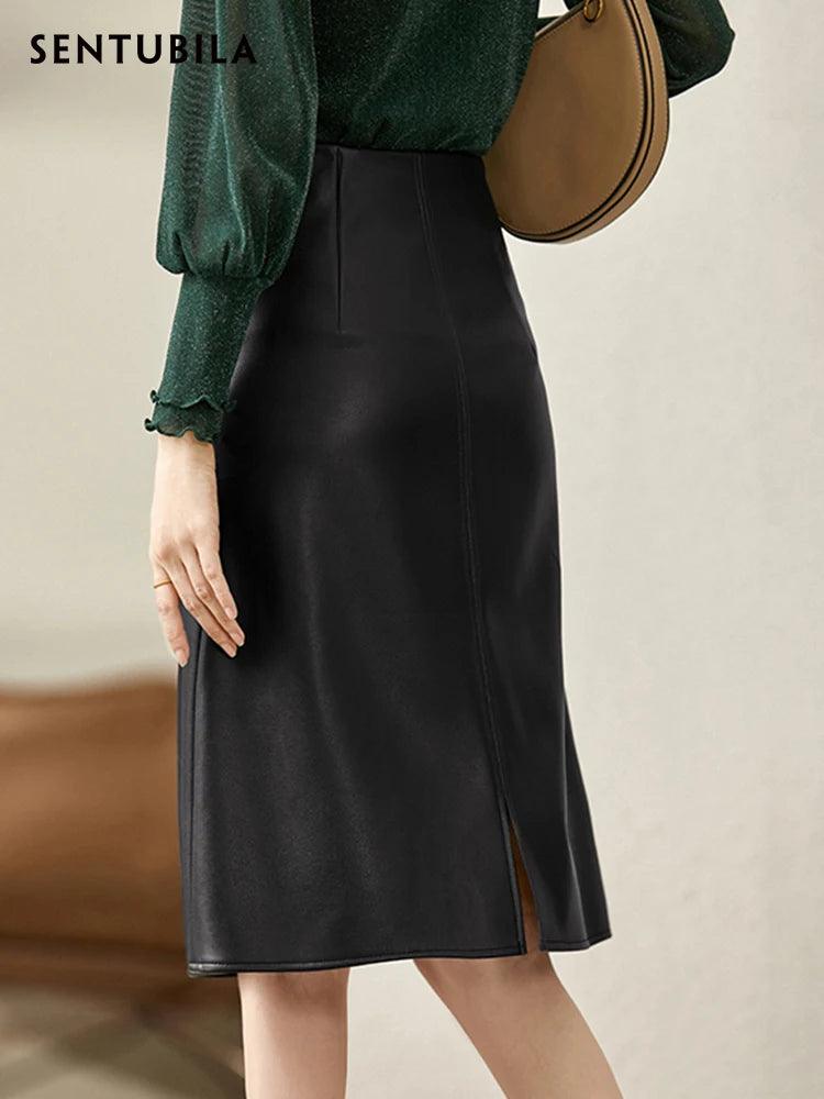 SENTUBILA Black PU Leather Skirt for Women 2024 Spring Fashion Luxury Knee-Length High Waist Skirts Female Clothing 123Q43042 - CRAVO ROSE