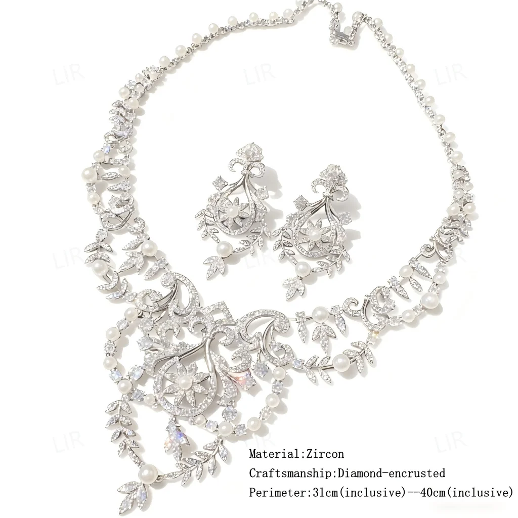 LIR Women's Custom Jewelry Set: Austrian Court Crown Gem Necklace, Sparkly Carved Wheat Ear Zircon Pearl Earrings
