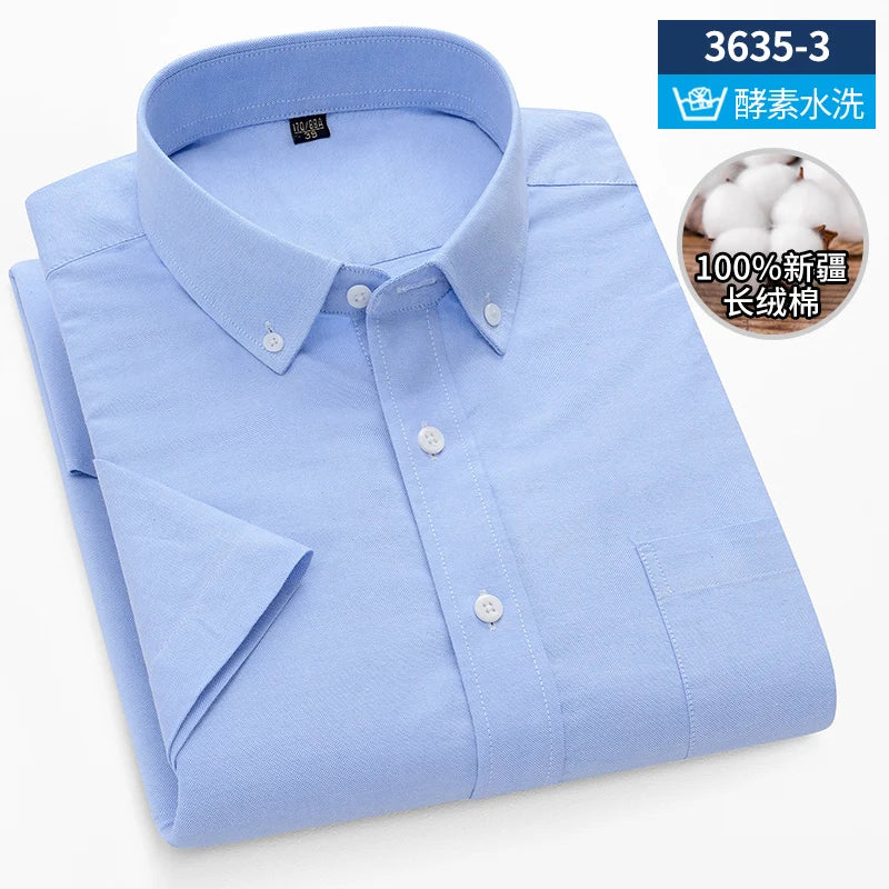 Summer High Quality 100% Cotton  Men Shirts Short Sleeve Dress Shirts Male Slim Social Business Blouse Solid Color Oxford Shirt