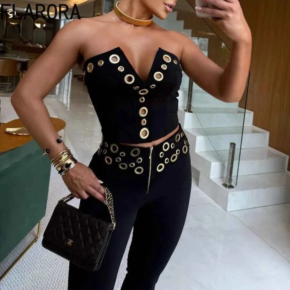 FLARORA Fashion Metal Ring Holes 2 Pcs Sets Woman Sleeveless Hollow Out Crop Tops And High Waist Flare Pants Elegant Streetwear