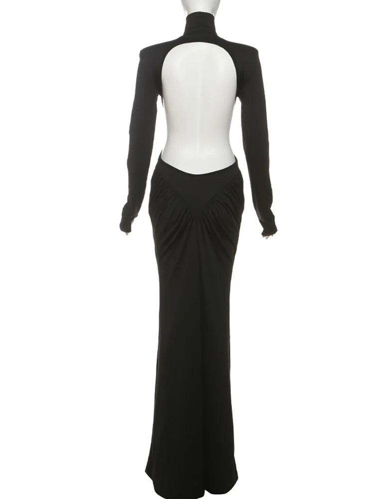 Weird Puss Backless Maxi Dress Women Shoulder Pads Long Sleeve Waistless Peach Buttocks Ruched Elegant Banquet Skinny Vestidos
