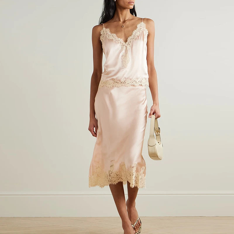 Lace Patchwork Slim Fit Two Piece Set Sexy Lady V Neck Sling Top and Long Skirt Suit Fashion Hollow Out Sleeveless Summer Outfit